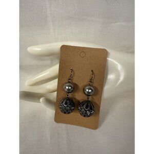 Vintage Silver Tone Filigree Ball Dangle Earrings with Faux Pearls & Rhinestones